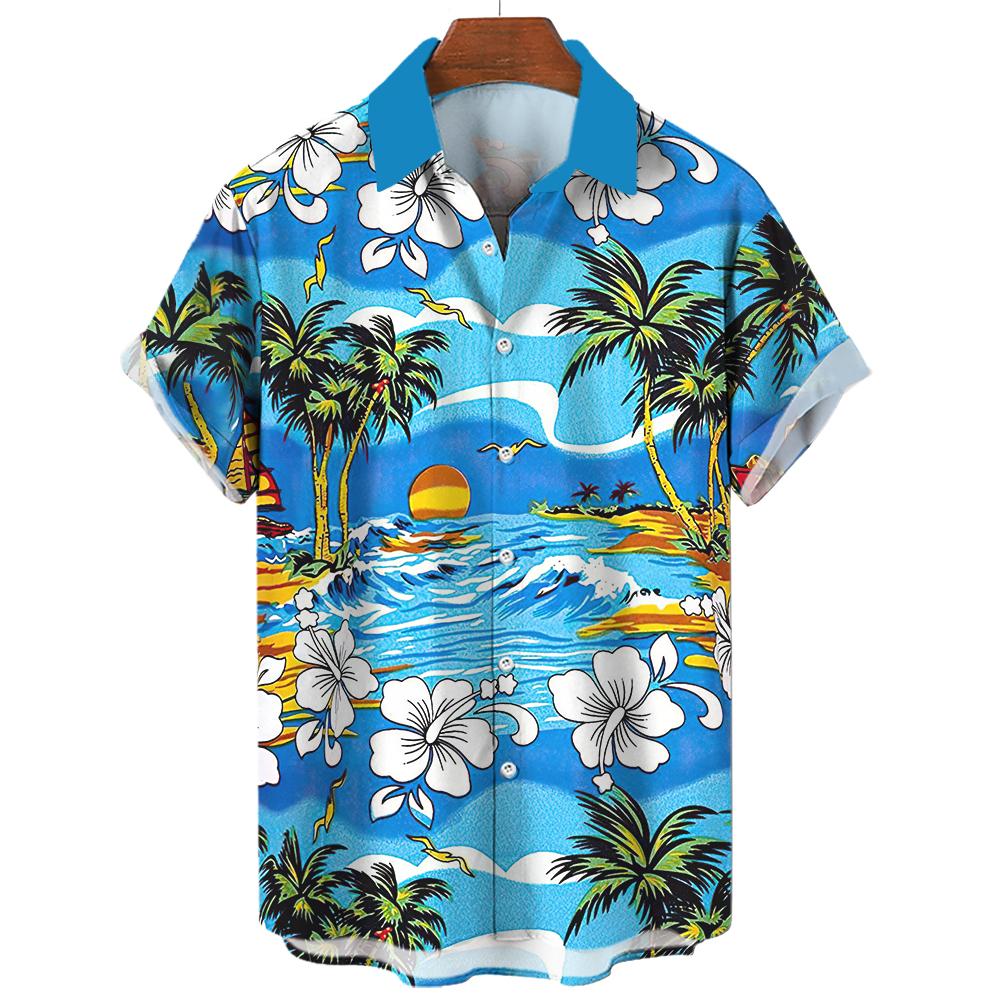 Hawaiian shirt, men's and women's 3D palm tree print, fashionable casual short sleeved shirt, lapel button top, oversized unisex clothing
