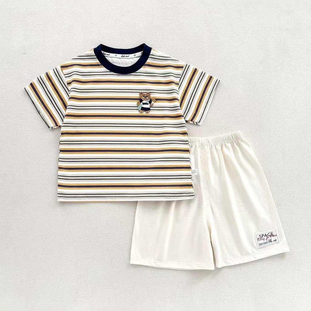 2026 Cute Cartoon Stripe Two-Piece Set: Short Sleeve T-shirt & Shorts for Small/Medium Children - Antibacterial, Class A.