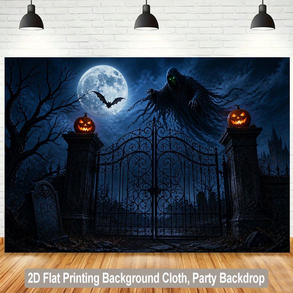 1 piece of 2D flat background fabric, ghost pumpkin full moon night sky scene background banner, family, garden, studio