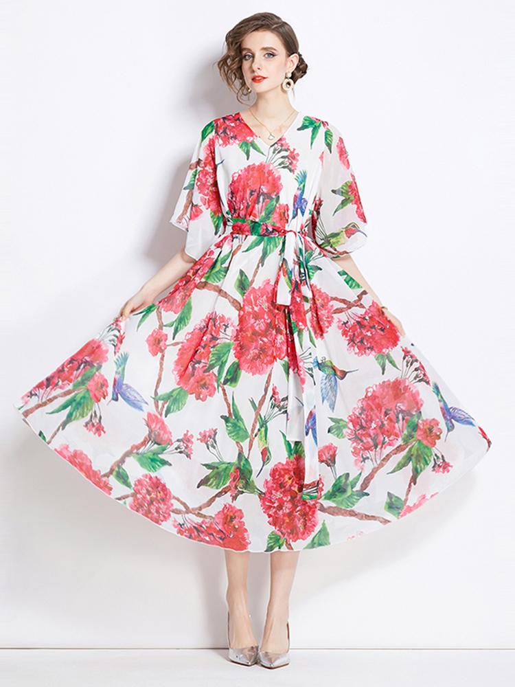 

XITAO Contrast Color Print Dress Temperament Half Flare Sleeve New Women WLD20130