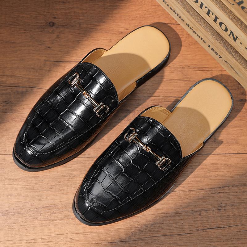 Fashion Summer New Mens Half Slippers Loafers Metal Buckle Patent Leather No Follow-up Breathable Brown Black Daily Commute Casual Shoes