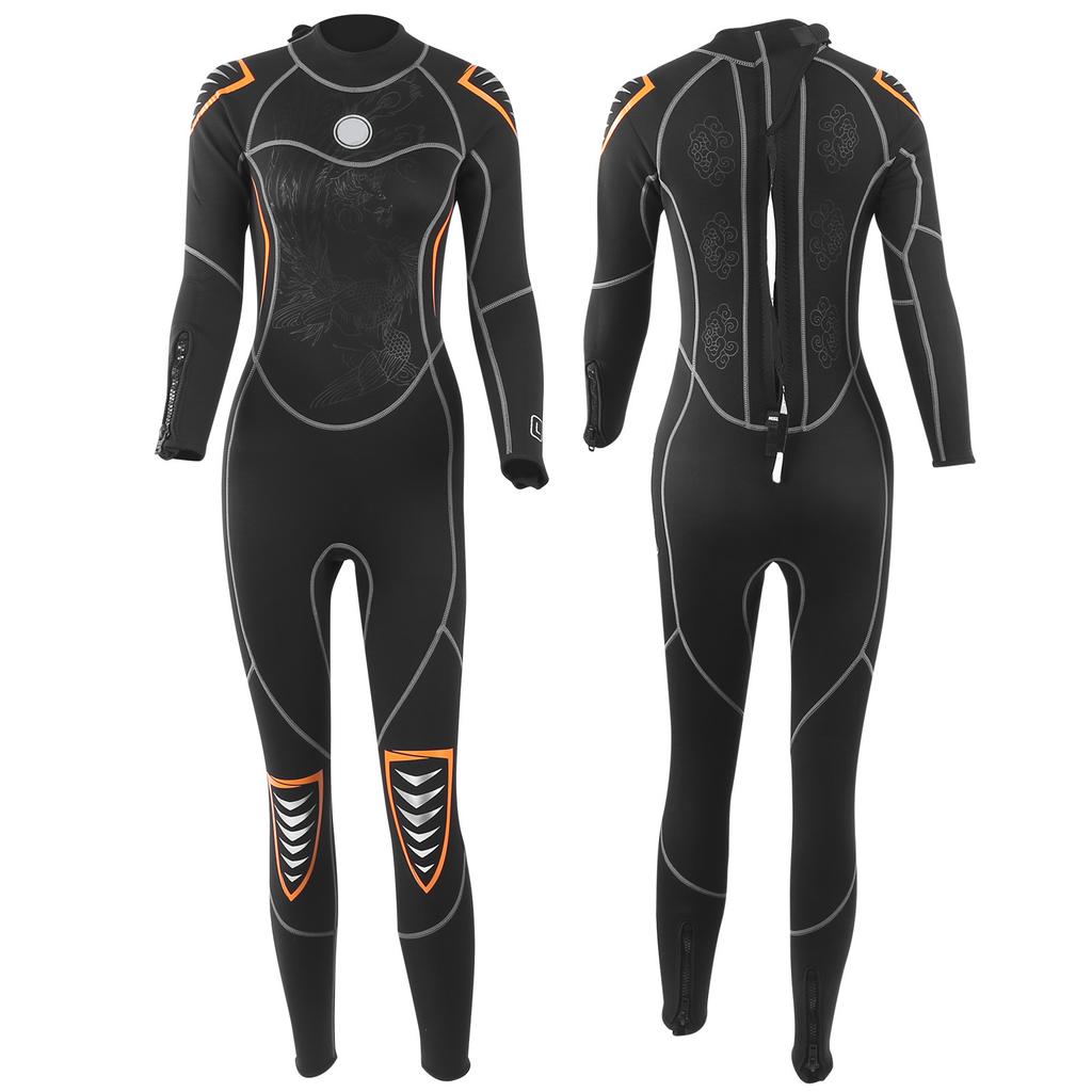 3mm Diving Suit Wetsuit Jumpsuit Long Sleeve Sunscreen Back Zipper Phoenix Pattern L Female
