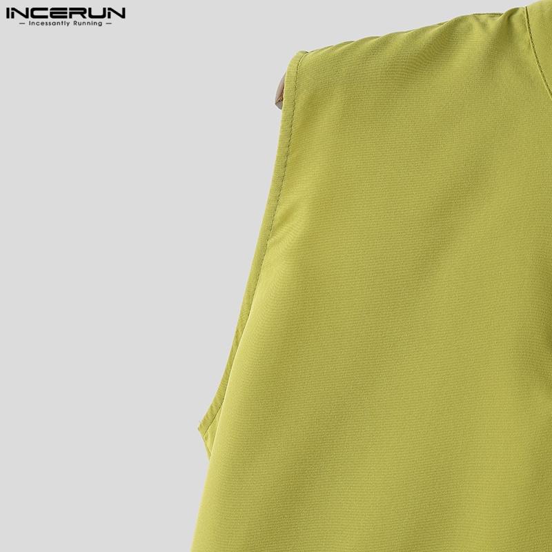 INCERUN Men Summer Buttons Stand Collar Sleeveless Cutout Casual Irregular Splits Tank Tops