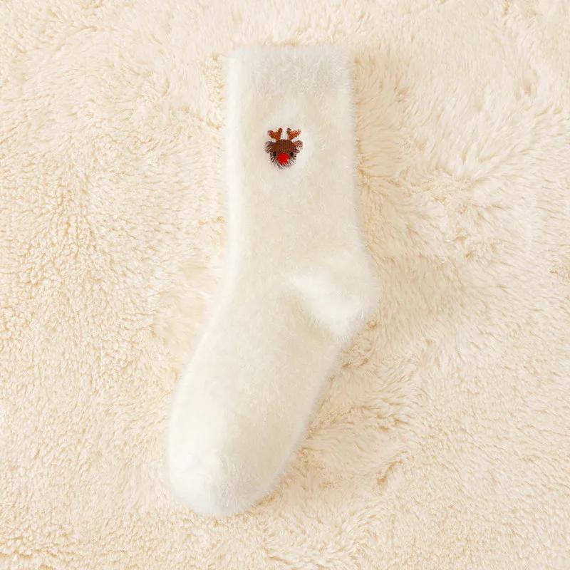 5pairs White Mink Fur Socks Soft Warm Winter Socks Women Christmas Santa Reindeer Snowman Cozy Fuzzy Plush Boot Home Sockings