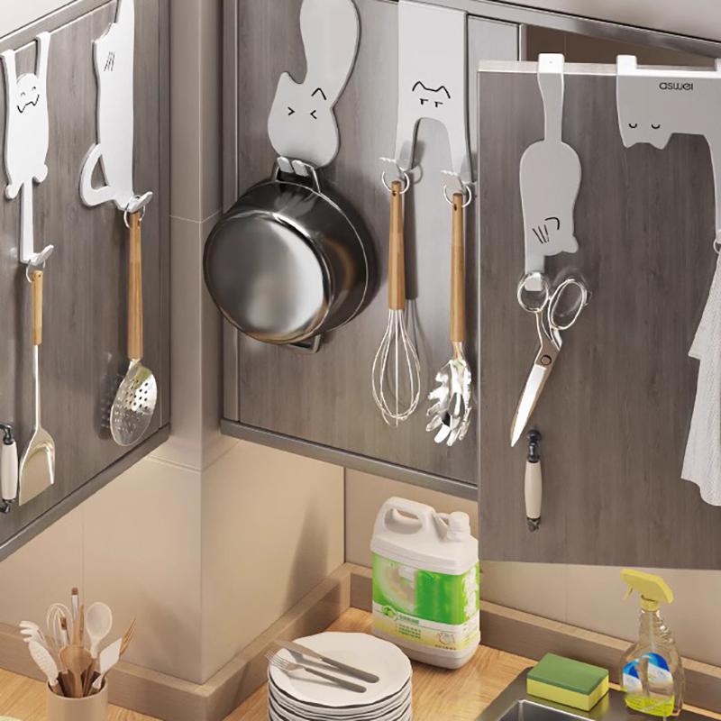 Cute Cartoon Cat Behind Door Hook Home Punch Free Kitchen Bathroom Cabinet Hanger Multi-Purpose Iron Key Hat Clothes Hook