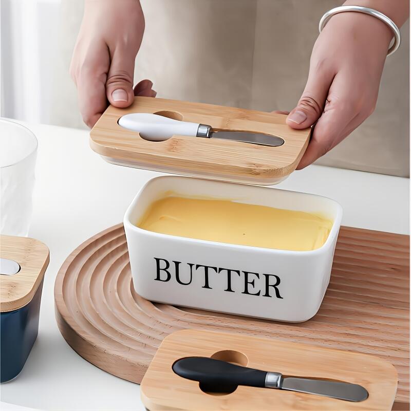 Ceramic Butter Boxes Dishes Cans Cheese Trays Vertical Containers Kitchen Food Storage Containers with Round Wooden Covers Boxes