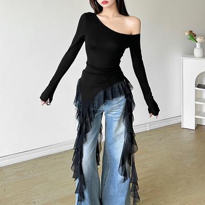 Off Shoulder Ruffles Tassel Long Sleeve T Shirt Women Sweet Streetwear Sweet Blouse Gentle Party Basic Top Slim Fit Black Tees Shirt Sexy New Shirt