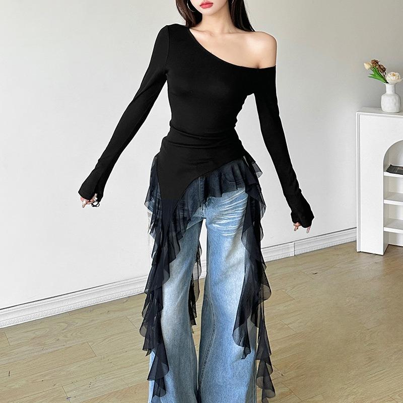 Off Shoulder Ruffles Tassel Long Sleeve T Shirt Women Sweet Streetwear Sweet Blouse Gentle Party Basic Top Slim Fit Black Tees Shirt Sexy New Shirt