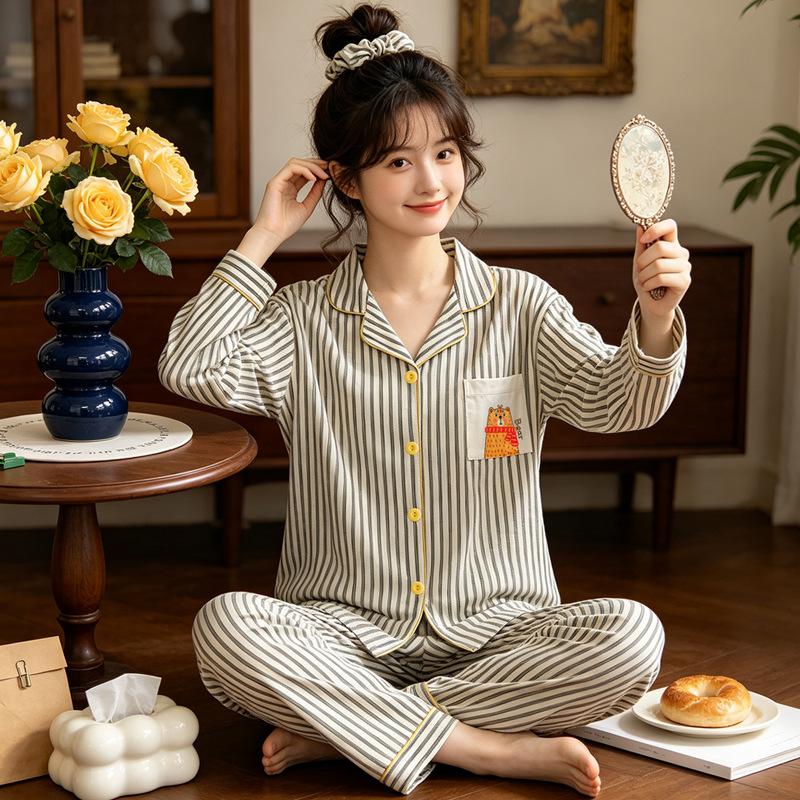 High-value imitation cotton long-sleeved pajamas women's spring and autumn new casual loose striped cardigan loungewear set