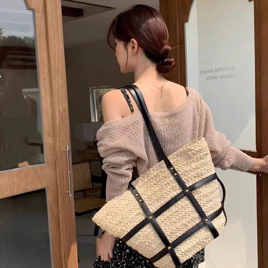 

JIAERDI Retro Beige Straw Bag Handbag Ladies Vacation Large Capacity Woven Beach Bags For Woman Holiday Shoulder Tote Bags New 45x33cm бежевий