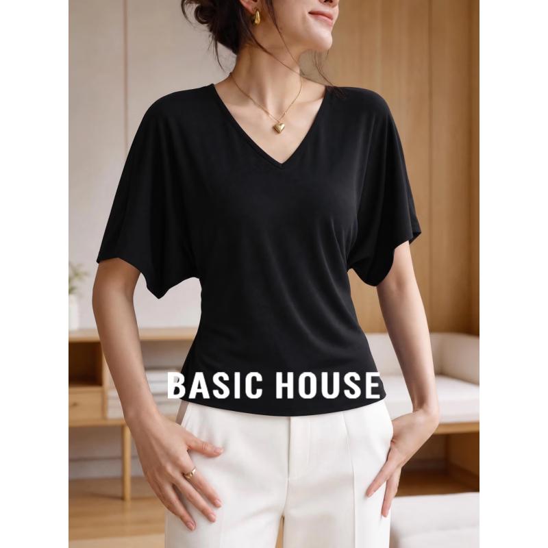 Basic House Women s V-Neck Batwing Sleeve T-Shirt XL чёрный