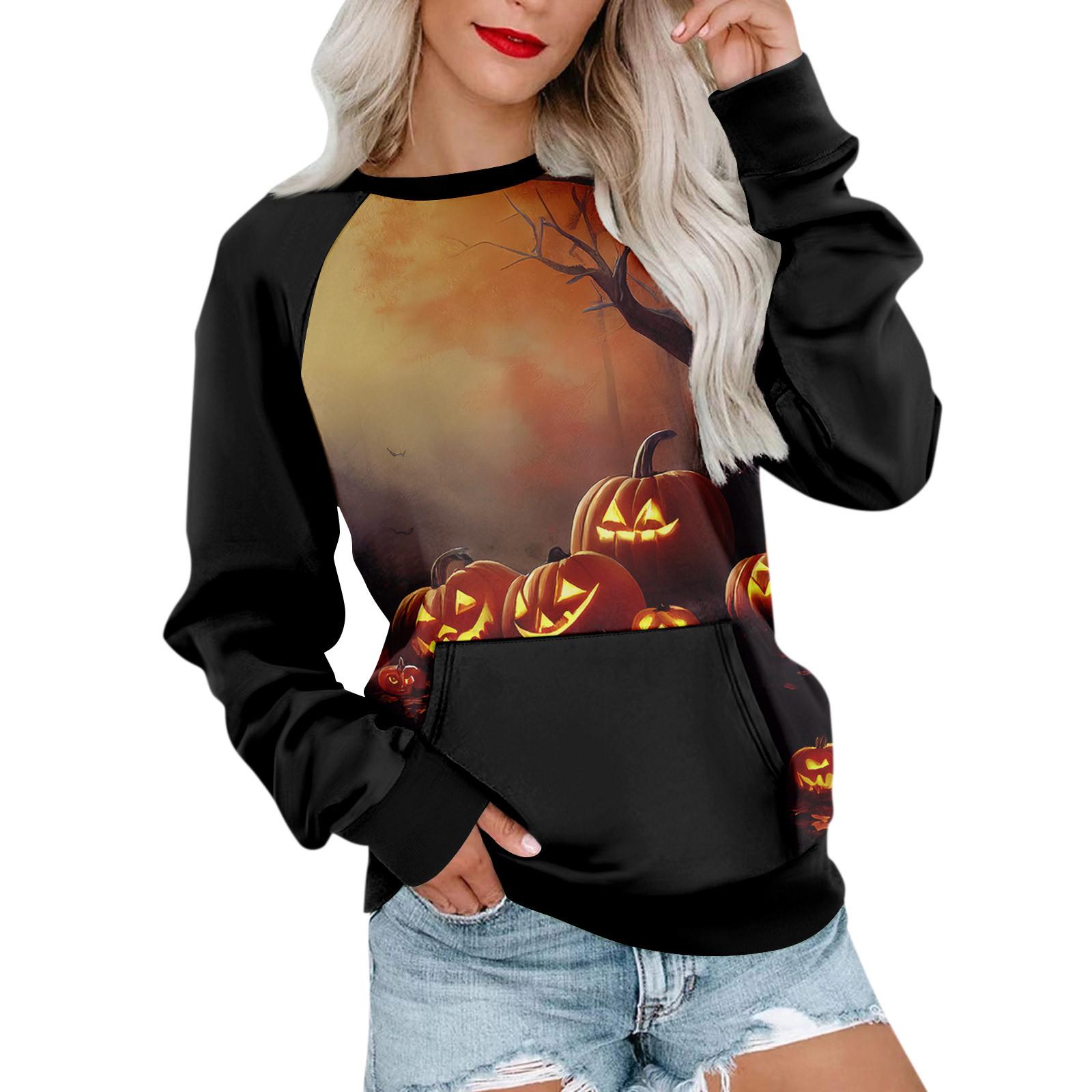

Женская толстовка с длинным рукавом, повседневная, с круглым вырезом, симпатичная, с принтом на Хэллоуин, легкая толстовка с карманом M оранжевый