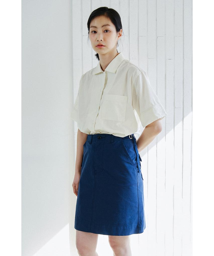 Cotton Bell Midi Side Belt Skirt - Navy