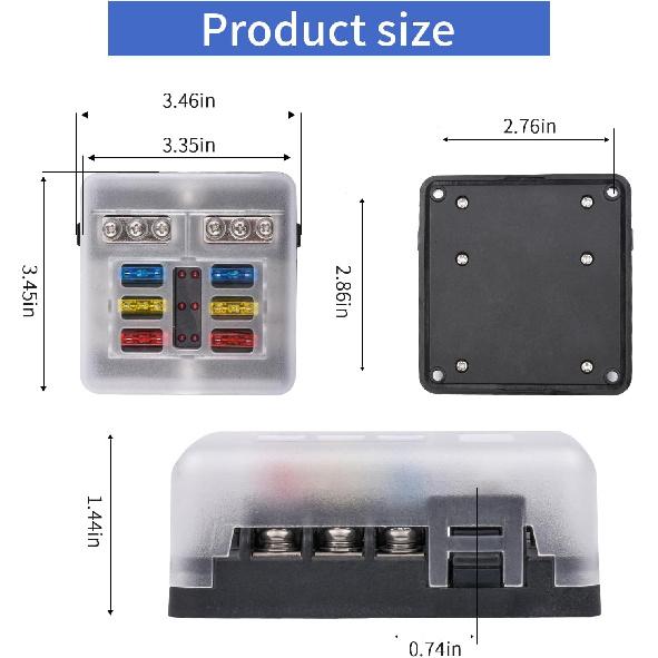 6 Way 12V Fuse Box Blade with LED Indicator Damp-Proof Cover - Individual Positive Fuse Holder with Ground Bus Holder for 12V/24V Vehicle Car Boat