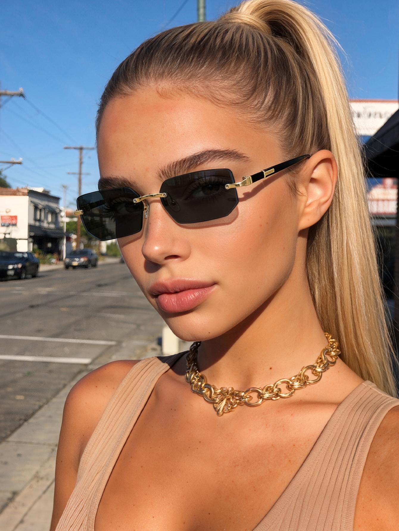 

1PCS Square Rimless Sunglasses Outdoor Leisure Sun Shades with Decorative Leg Pattern Design for Strolls And Casual Wear