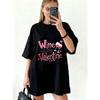 Wine Is My Valentine Oversized T Shirt Black Wine Glasses And Hearts Print For Valentine's Day Party Casual Wear
