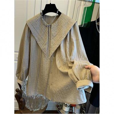 Women's Spring Pleated Shirt with Large Pointed Collar Loose-Fit Dolly Top with Casual Puff Sleeves