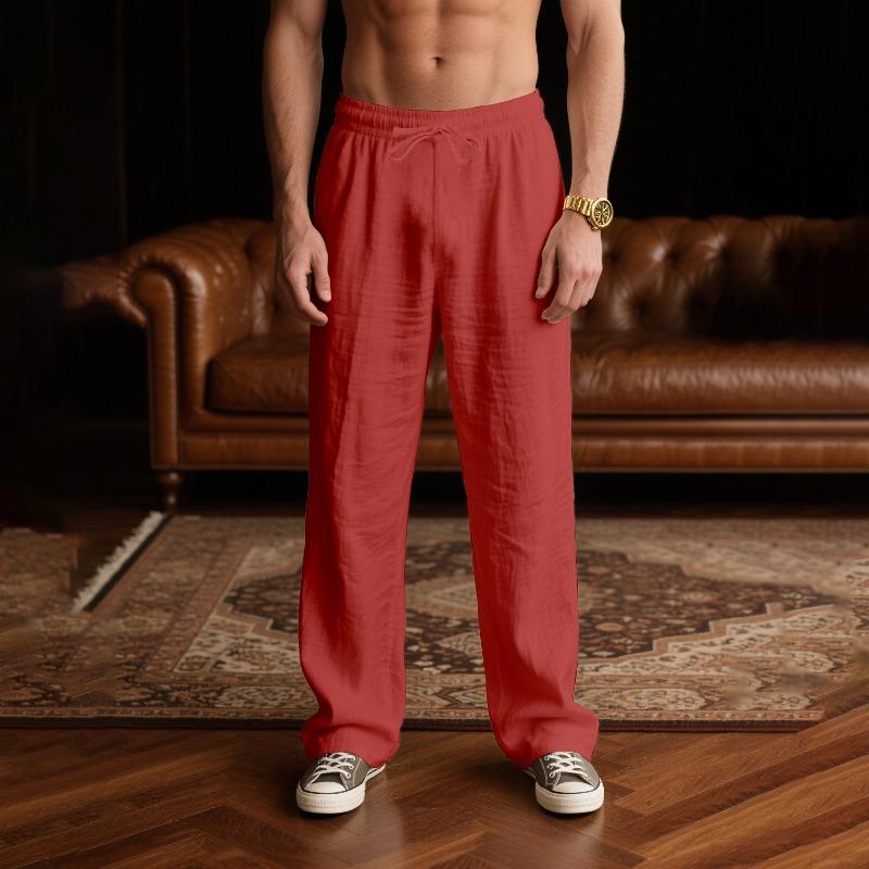 

Men s Summer Linen Pants Orange Loose Fit Drawstring Waist Casual Straight-Leg Trousers S червоний