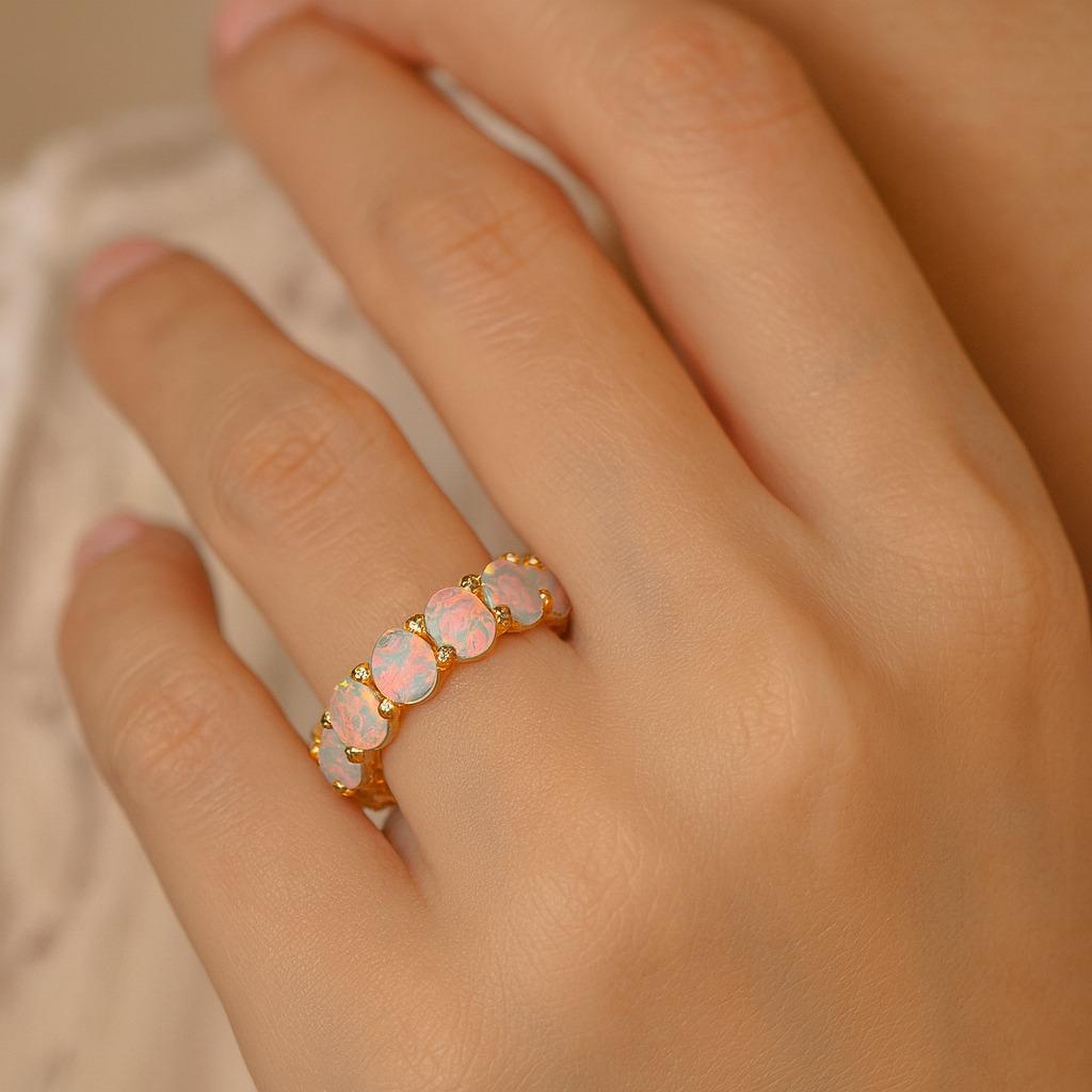 Pink & White Opal Engagement Band – Dainty Minimalist Art Deco Wedding Band | October Birthstone Promise Ring Gift for Her