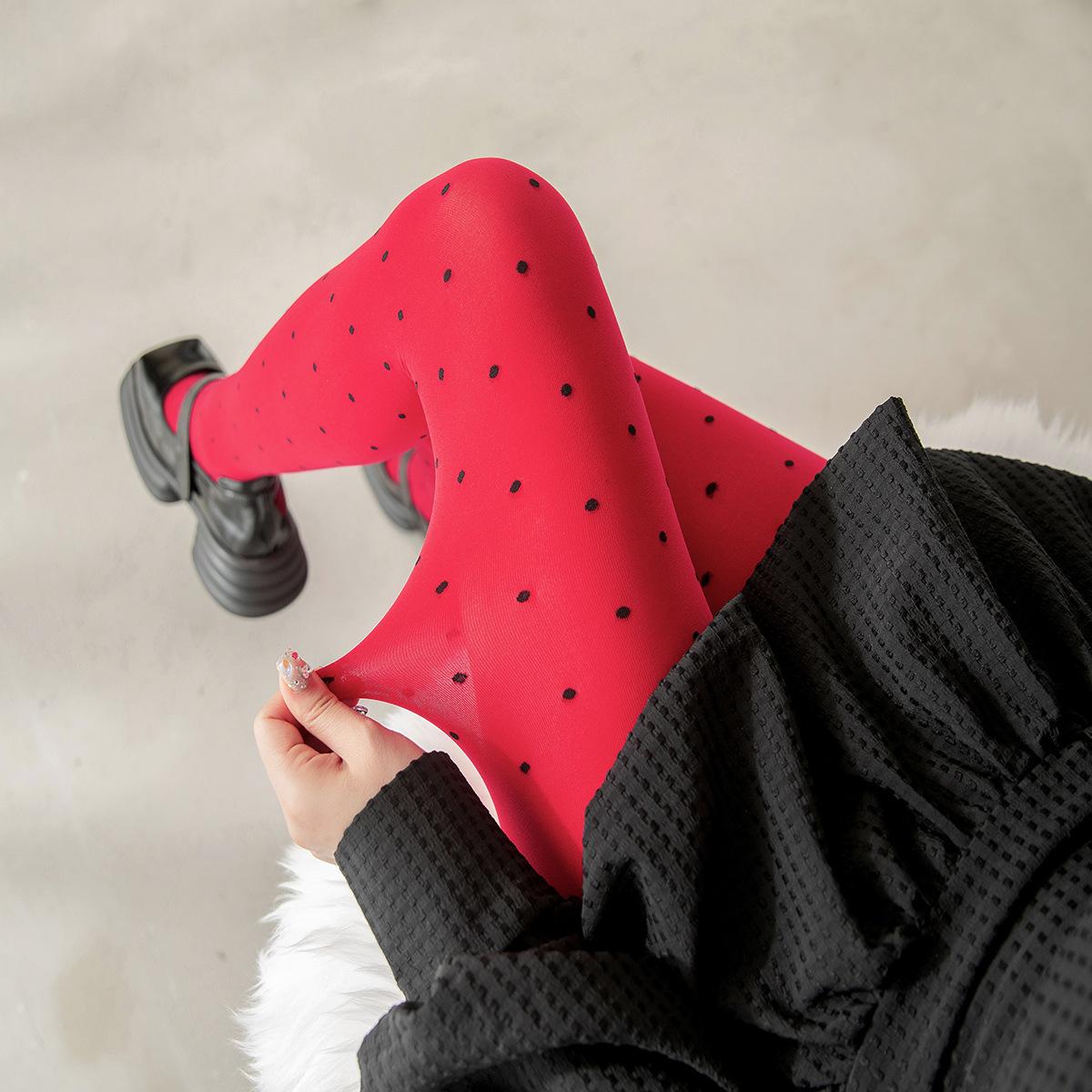 

Plus-size polka dot pantyhose Lolita jacquard heart pattern slimming thin black stockings jk Average Size