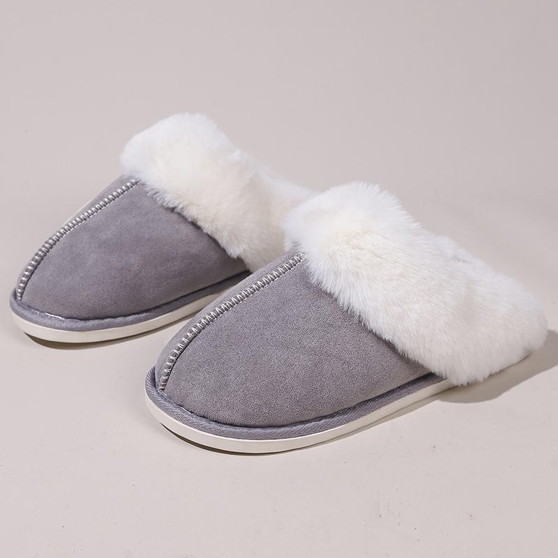 Fashion Winter Slip On Non Slip Fur Slippers Women Faux Fur Warm Plush Slippers Woman Indoor Mix Color Round Toe Cotton Slides Female