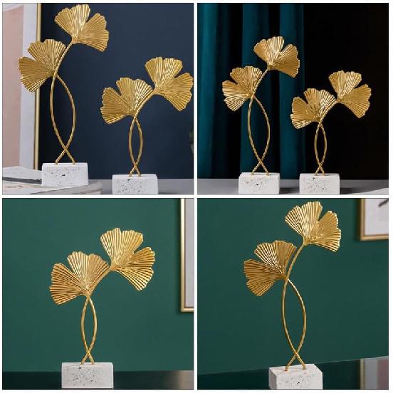 Cabilock 2Pcs Golden Gingko Leaf Statue Gold Leaf Metal Sculpture Metal Iron Leaf Sculpture Figurine Table Home Decoration with Wood Base for Bedroom