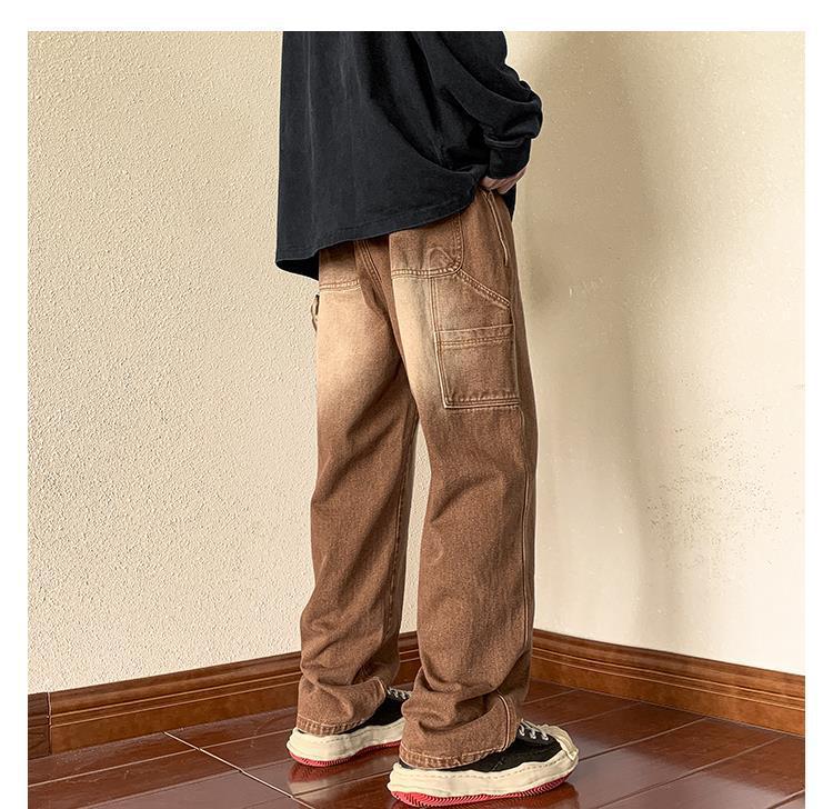 Calça jeans masculina estilo American Retro Brown Wide Leg: Macacões versáteis, folgados e de outono para as ruas da cidade