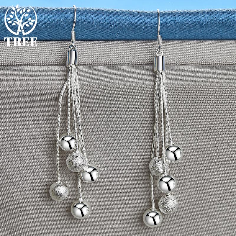 925 Sterling Silver Five Line Snake Chain Beads Drop Earrings Jewelry