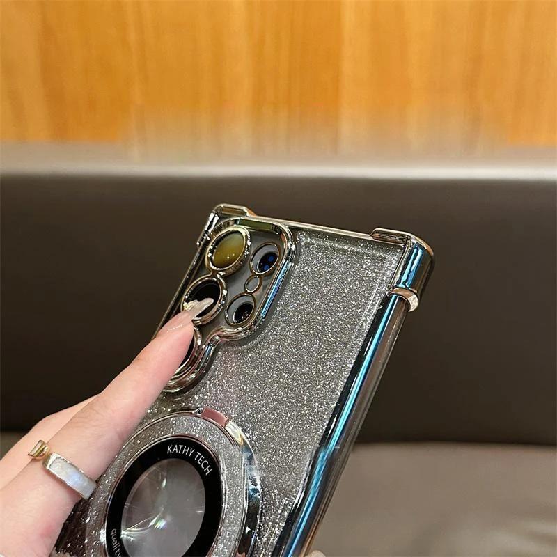 Suitable for Samsung S25 Ultra Mobile Phone Case S24FE Flash Powder Magnetic Bracket S23 Airbag Electroplating High End Women's Case