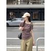 Kumikumi Sweet and Spicy Style Sloping Shoulder Strap Short Sleeve T-shirt Women Summer Retro Stripe Slimming All-Match off-Shoulder Top