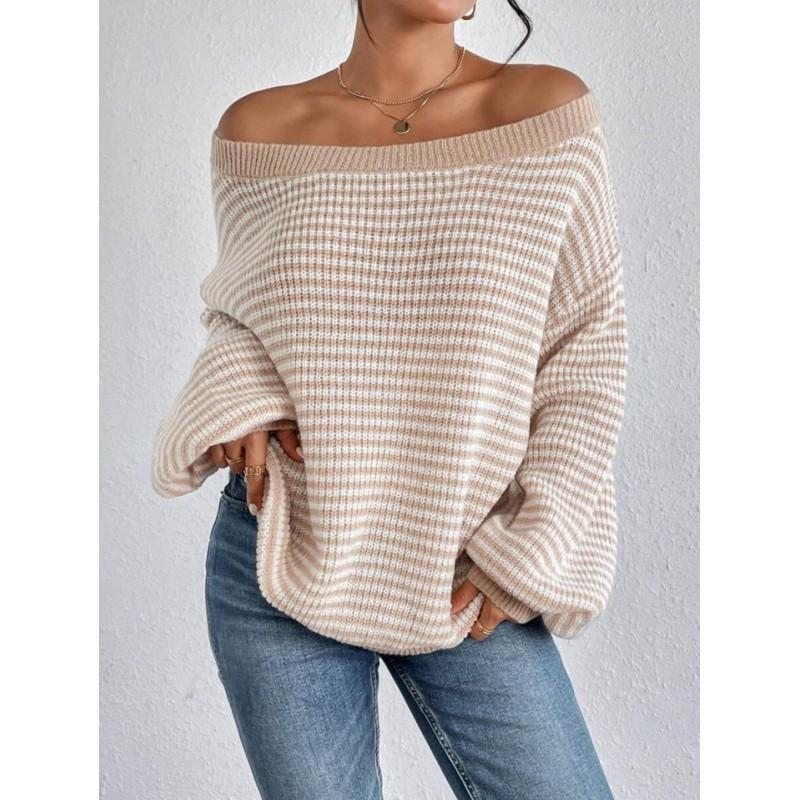 Womens Striped Color Block Lantern Sleeve Sweater Loose Fit Lazy Style Pullover
