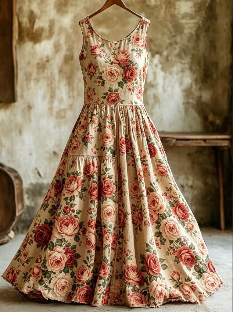 Retro Floral Embroidery Sleeveless Layered Cotton and Linen Dress Women's Mori Long Dress
