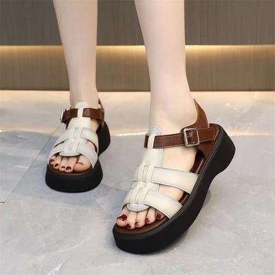 Leather Thick-soled Roman Sandals Women's Casual Soft-soled Summer 2025 New Popular Versatile Muffin Foreign Style Increases
