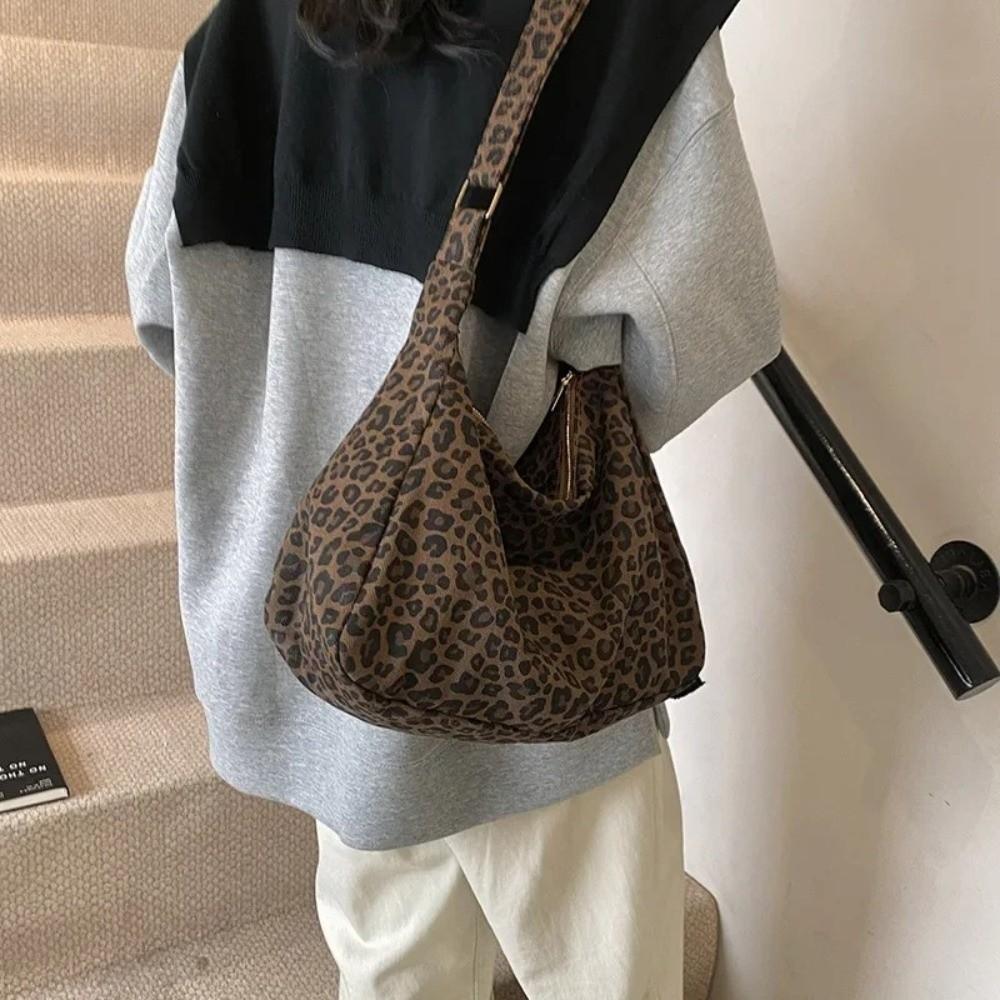 Casual Soft Textile Women's Shoulder Bag Large Capacity Adjustable Strap Leopard Print Bag Tote Handbag