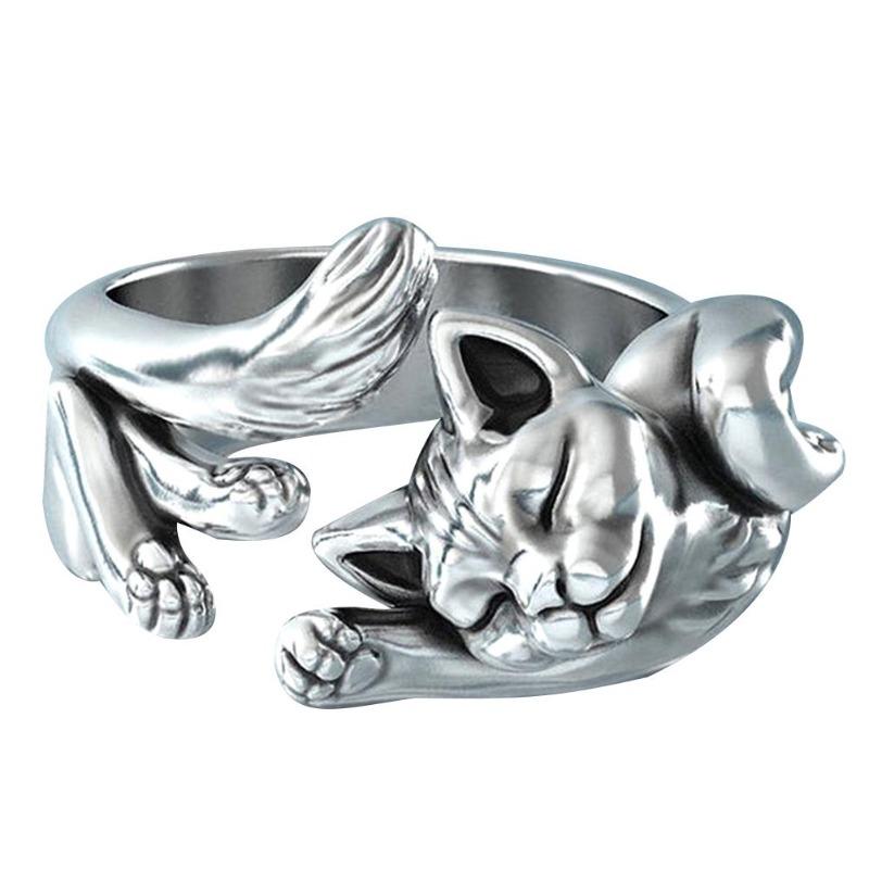 Vintage Silver Finger Jewelry Unisex Plated Cats Ring Gift