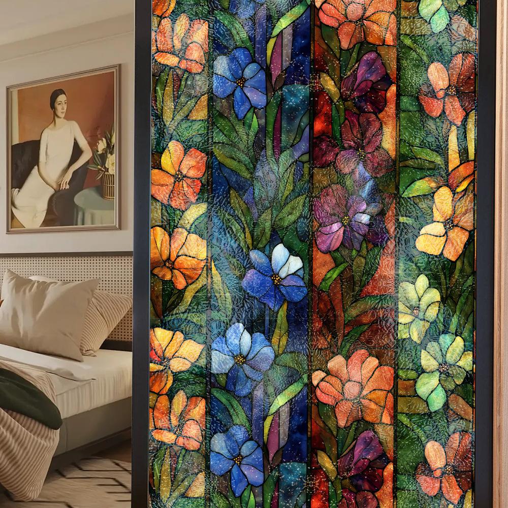 Double-sided Colored Window Privacy Film, Stained Glass Decorative Static Cling, Removable Laser Sun Blocking Vinyl Covering