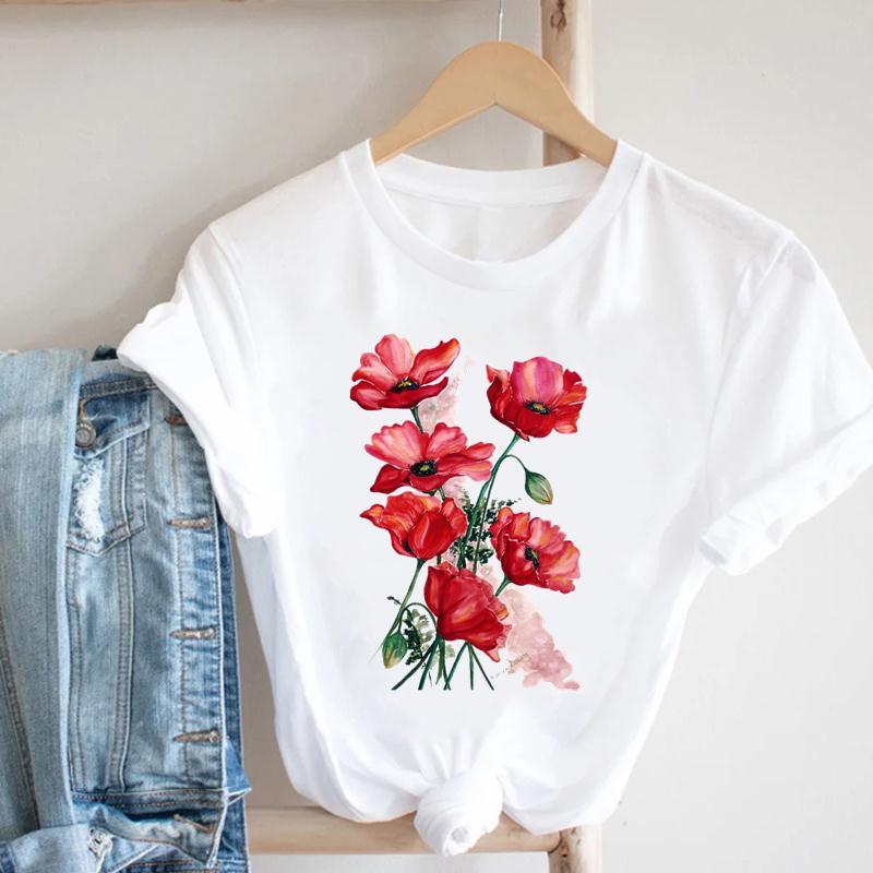 (European Size) 90s Flower Spring Short Sleeve Tee Top Fashion T-shirt Clothing  90s Casual Women Print Summer Lady Female Graphic T-shirt