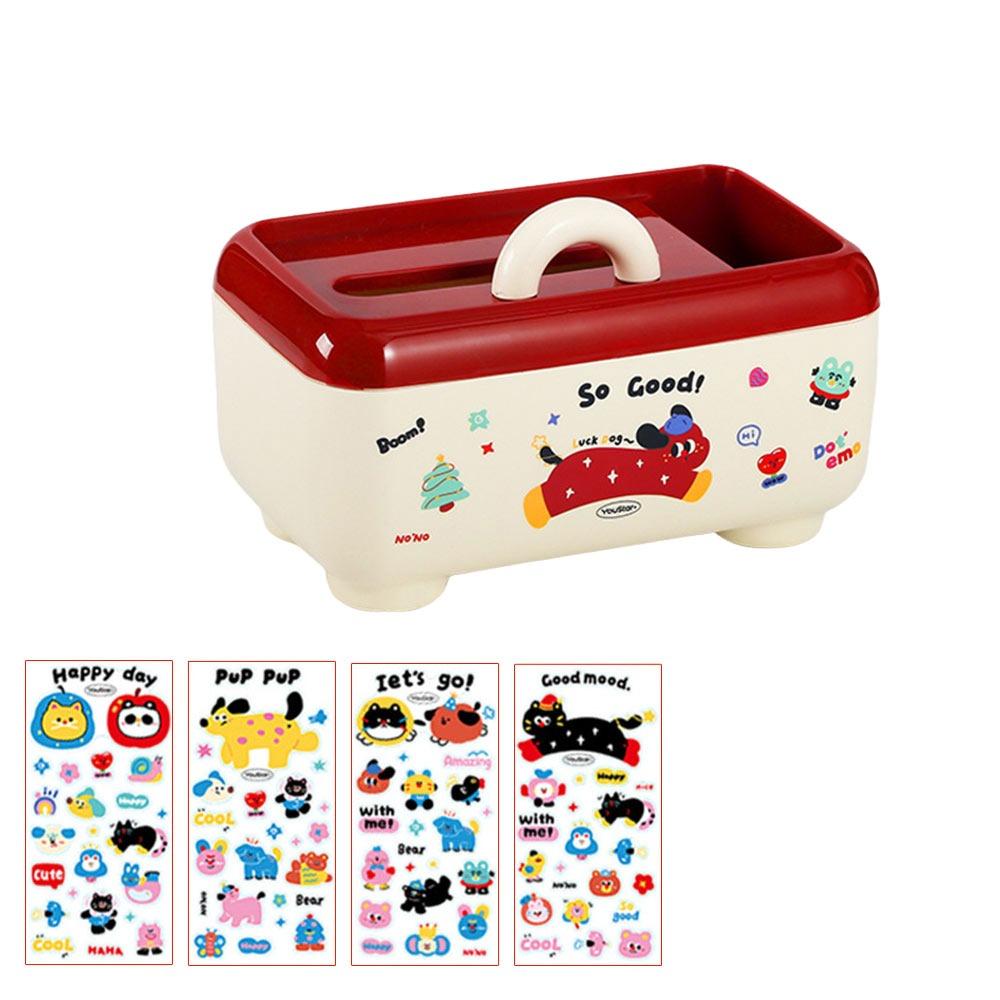 Fashion Dopamine Stationery Storage Box Large Capacity Cartoon Pattern Cosmetics Storage Box Multi Grid with Stickers Pen Holder