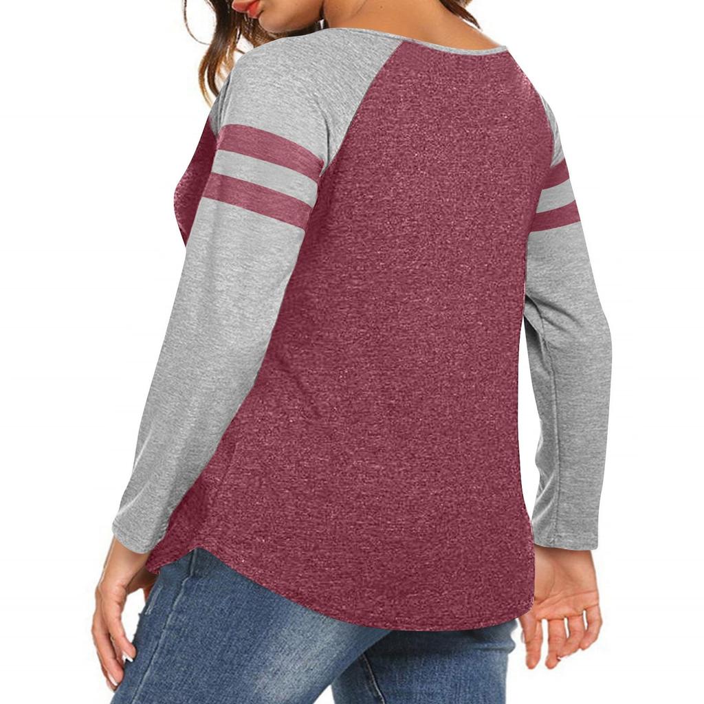 Women's Casual Fashion Striped Long-sleeved T-shirt V-neck Color-blocked Top