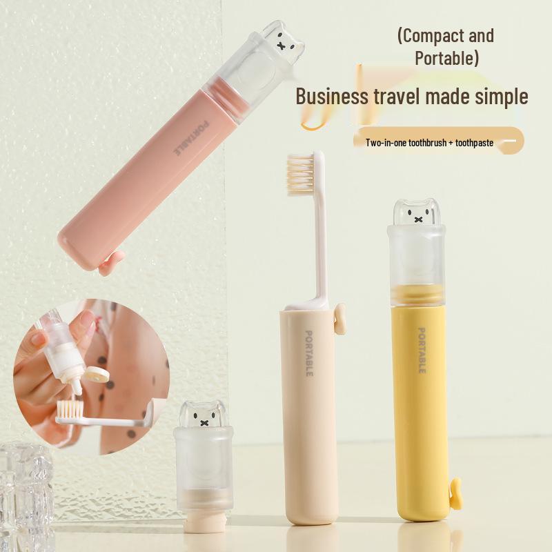 Portable 2-in-1 Toothbrush & Toothpaste Set with Holder - Essential for Travel and Business Trips, Soft Bristles