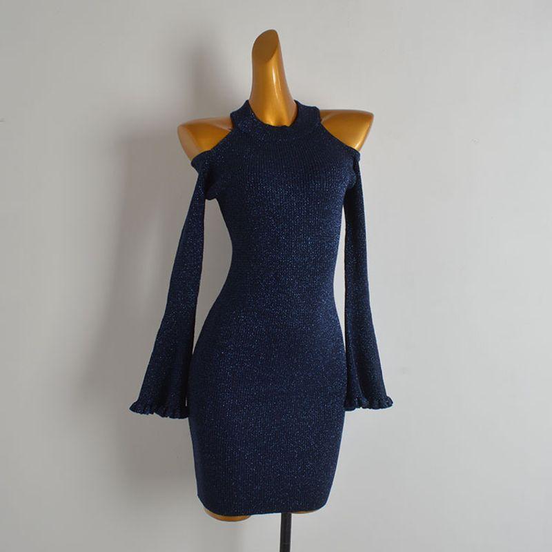 

Western Style Gyaru Sexy Halter Bright Silk off-the-Shoulder Bell Sleeve Knitted dress Women clothes Autumn and Winter Hip Skirt Deep Blue One size