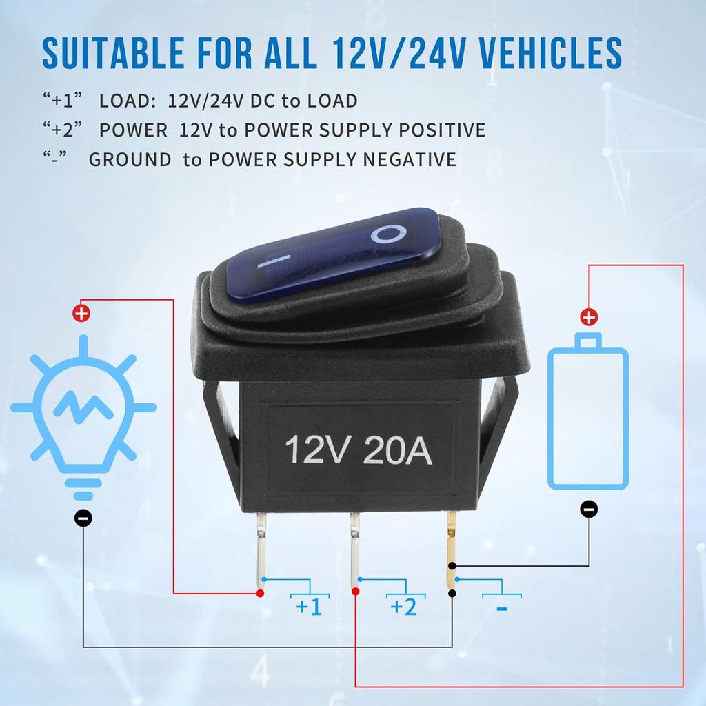 12V Rocker Switch Waterproof 5 PCS - 12 Volt Toggle Switch With 3 20Cm Detachable Wires, SPST 3 Pin On Off Switches Snap-In Design Square Switch With
