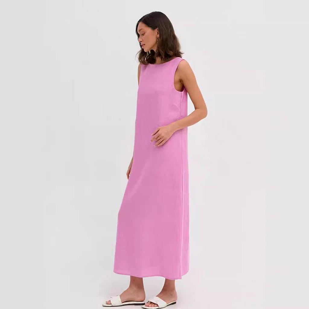 2024 Spring Women's Solid Color Cotton Linen A-line Tank Dress - French Loose Fit, Round Neck.