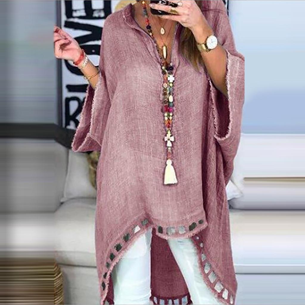 

(SU)Женская мода, однотонная повседневная свободная футболка с v-образным вырезом и длинными рукавами, топ, блузка