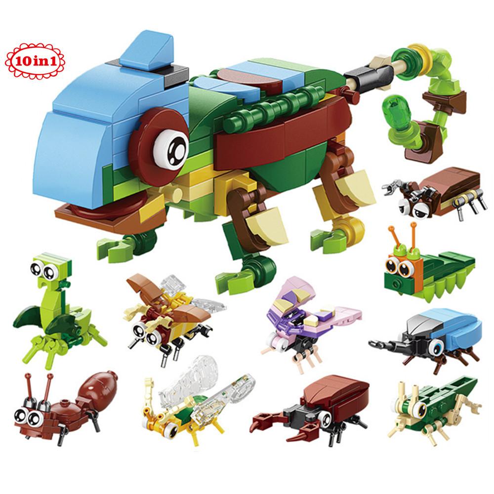 Animals World Insect Fish Bird Dog Elephant Panda Giraffe Honeybee 10 In 1 Building Blocks Kit Bricks Model Kids Toy Children