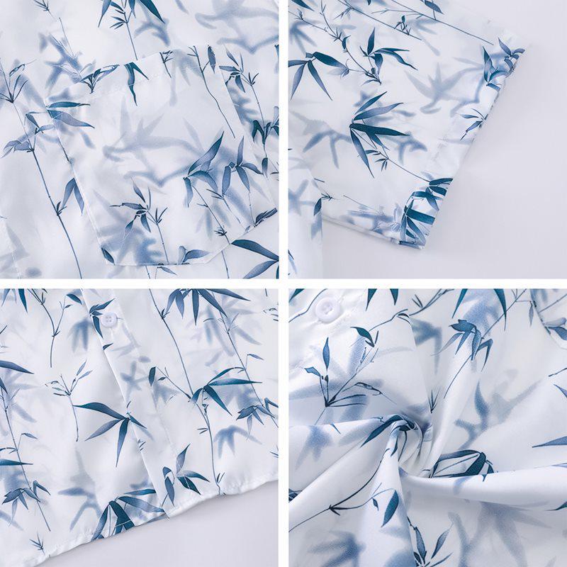 Chinese Ink Wash Bamboo Leaf Print Short Sleeve Casual Shirt
