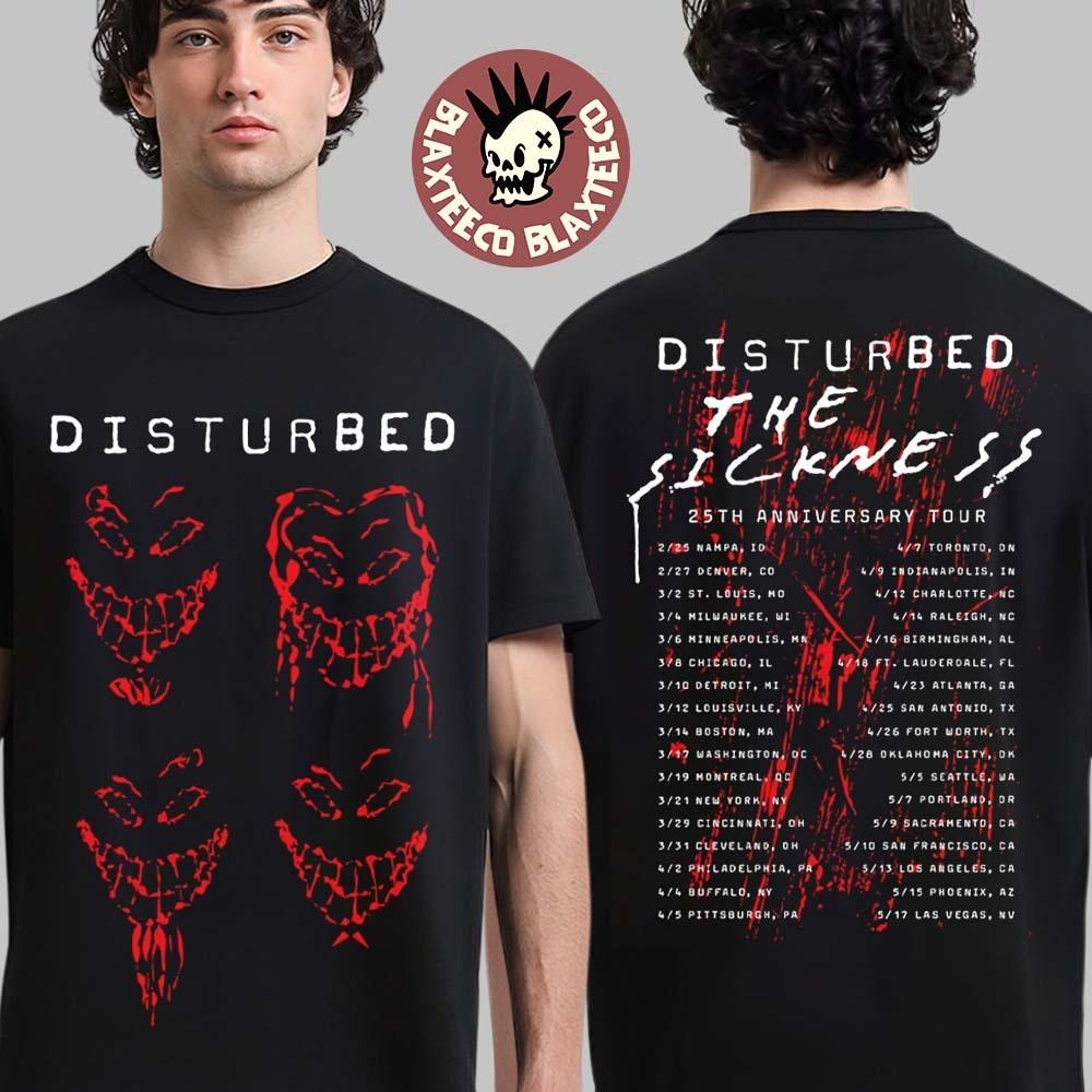 Disturbed 25Th Anniversary Tour The Sickness Faces With Tour Dates Cities Shirt Unisex T-Shirt L