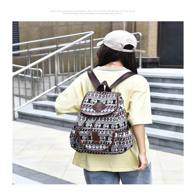 1Pc New Ethnic Style Multi-pocket Backpack Female Mori Foreign Style Large Capacity Canvas Schoolbag Casual Outdoor Small Backpack