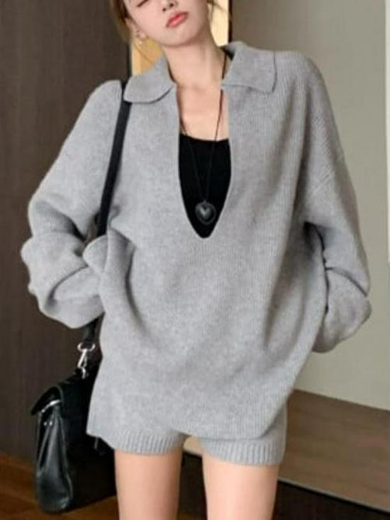 Korean V-neck Knit Cardigan & Shorts Set - 2025 Autumn/Winter Casual Loose Two-Piece Outfit