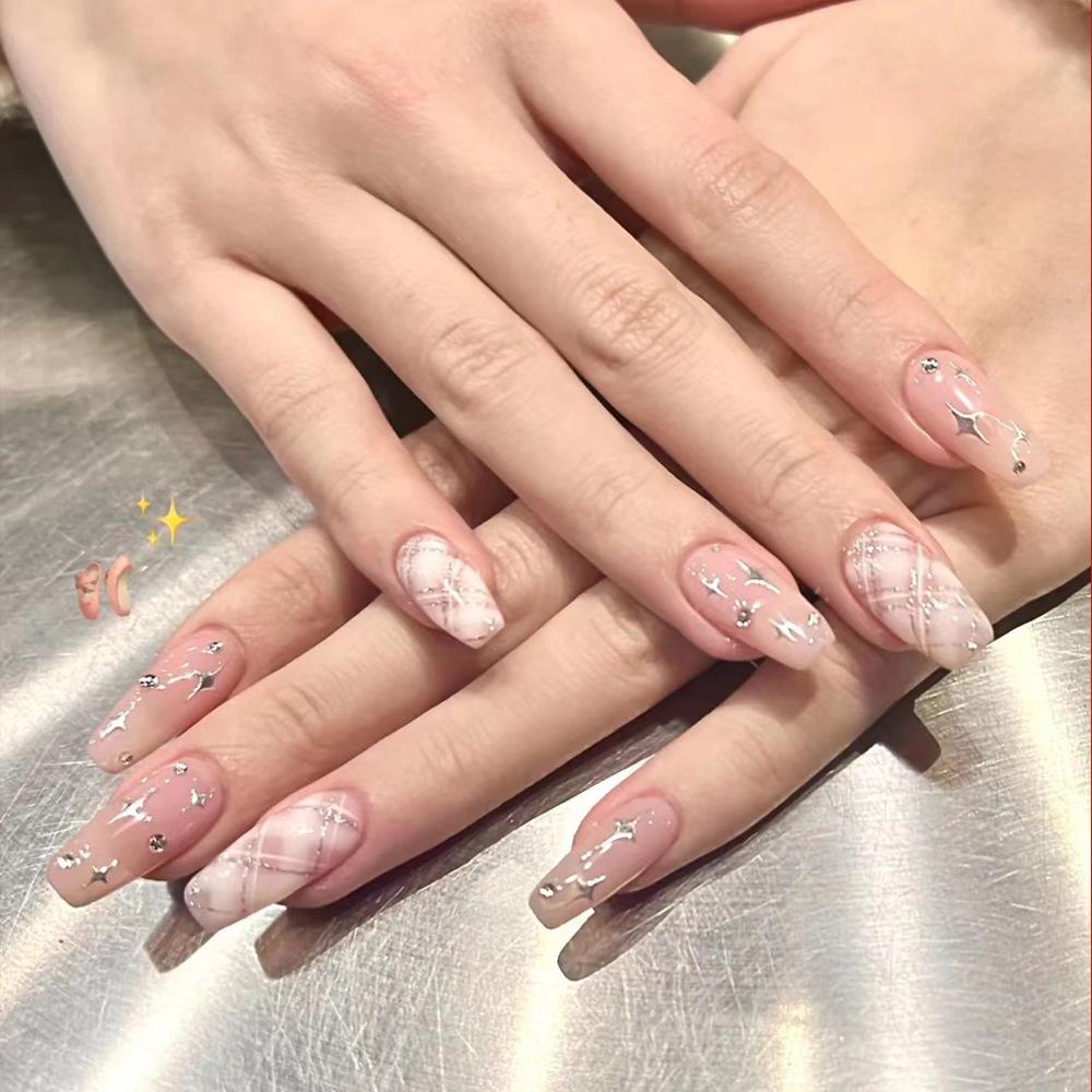 

24-Piece Box of Long Nude Plaid Versatile Fake Nails with Star Diamond Design